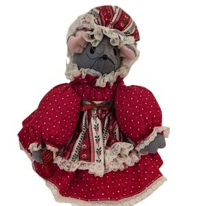Vintage Felt Christmas Granny Mouse MRS CLAUS Holding Trumpet 11 Inches Holiday